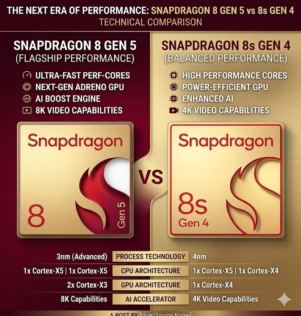 Comparison infographic of Qualcomm Snapdragon 8 Gen 5 vs Snapdragon 8s Gen 4 mobile platforms highlighting performance and efficiency differences.