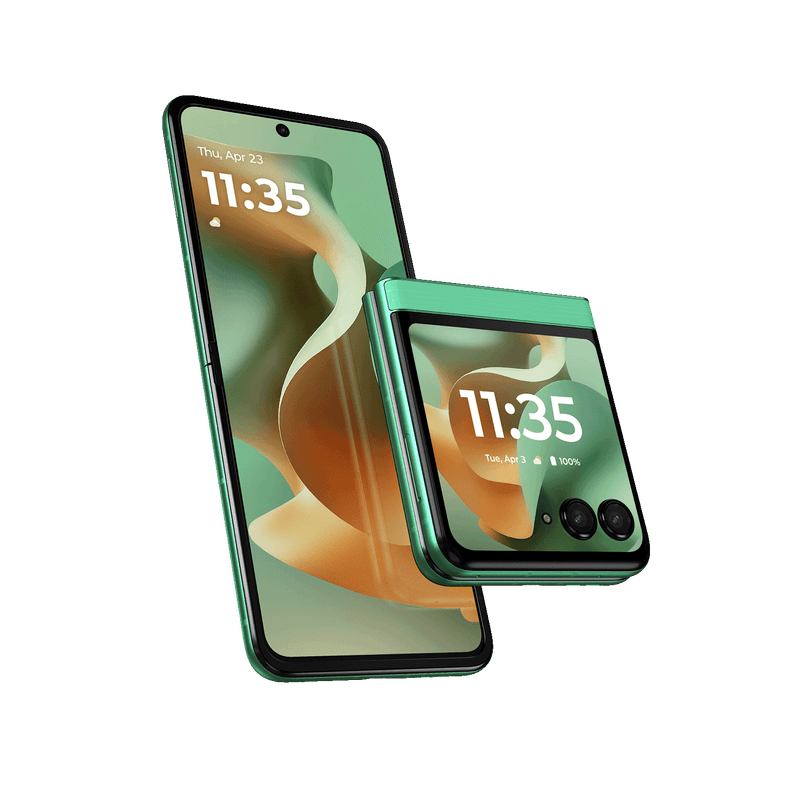 Motorola Razr 60 foldable smartphone in Pantone Spring Bud color, sleek design with large external display